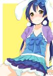  animal_ears arm_support bangs blue_hair blush bunny_ears closed_mouth commentary_request earrings embarrassed eyebrows_visible_through_hair hair_between_eyes jewelry long_hair looking_at_viewer love_live! love_live!_school_idol_festival love_live!_school_idol_project ribbon simple_background sitting solo sonoda_umi tofu1601 wavy_mouth yellow_background yellow_eyes 