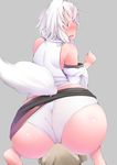  1girl animal_ears ass blush dog_ears grey_background highres inubashiri_momiji looking_back open_mouth panties red_eyes shishi_juuroku simple_background skirt skirt_lift smile sweat tail touhou underwear wavy_mouth white_hair white_panties 