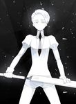  androgynous cairngorm_(houseki_no_kuni) gem_uniform_(houseki_no_kuni) houseki_no_kuni looking_at_viewer nao_(necomugi) necktie scabbard sheath short_hair shorts solo sword weapon white_eyes white_hair 