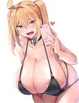  :d ahoge areola_slip areolae bent_over bikini black_bikini blonde_hair blush breasts cellphone choker cleavage collarbone fang gigantic_breasts hair_between_eyes half-closed_eyes heart highres kirome_(kamipaper) looking_at_viewer open_mouth original phone red_eyes saaya_(kirome) self_shot shiny shiny_skin simple_background smile solo sweat swimsuit twintails white_background 