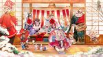  5girls :d animal animal_head armor bangs banner bare_shoulders barefoot basket black_hair blunt_bangs branch breasts bunny calligraphy_brush cat_mask child cleavage closed_eyes closed_mouth clothed_animal commentary_request copyright_name creature daruma_doll dog enma_(onmyoji) fingernails hangan_(onmyoji) helmet highres holding houkigami_(onmyoji) inugami_(onmyoji) japanese_armor jumping kabuto kamaitachi_(onmyoji) kurodouji long_hair long_sleeves looking_at_viewer mask mask_removed medium_breasts multiple_boys multiple_girls nail_polish off_shoulder oitsukigami onmyoji onmyouji open_mouth paintbrush pale_skin ponytail red_eyes round_teeth say_hana seiza shiba_inu shirodouji silver_hair sitting smile snow tassel teeth water wide-eyed wide_sleeves wiping writing yamausagi 