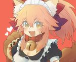  alternate_costume animal_ears apron bell bell_collar breasts cat_paws cleavage collar enmaided fangs fate/grand_order fate_(series) fox_ears fox_tail gloves hair_ribbon heart jingle_bell kidhukaji large_breasts long_hair maid maid_apron maid_headdress open_mouth paw_gloves paws pink_hair ponytail red_background red_ribbon ribbon simple_background solo tail tamamo_(fate)_(all) tamamo_cat_(fate) 