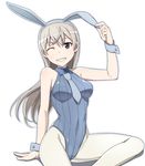  adapted_costume animal_ears blue_eyes blue_neckwear bunny_ears bunnysuit eila_ilmatar_juutilainen grey_leotard leotard long_hair looking_at_viewer nanashino necktie one_eye_closed pantyhose ribbed_leotard silver_hair simple_background sitting solo strike_witches white_background white_legwear world_witches_series wrist_cuffs 