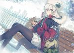  1girl anastasia_(fate/grand_order) aqua_eyes black_legwear blurry christmas chromatic_aberration coat depth_of_field doll down_jacket dutch_angle fate/grand_order fate_(series) fur-trimmed_jacket fur_hat fur_trim grey_skirt hair_ornament hat holding holly holly_hair_ornament jacket long_bangs long_hair long_sleeves looking_at_viewer nagu outdoors pantyhose pleated_skirt red_jacket shvibzik_snow silver_hair sitting skirt smile snow snowflakes snowing solo winter winter_clothes 