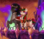  2018 alternate_universe armor balcony black_hair blue_fire castle crystals duo equine evomanaphy eyebrows eyelashes eyeshadow fan_character female feral fire friendship_is_magic glowing glowing_eyes green_eyes green_sclera grin hair half-closed_eyes hi_res horn king_sombra_(mlp) makeup male male/female mammal mascara mostly_nude multicolored_hair my_little_pony outside portrait railing red_eyes royalty signature sky smile standing teeth two_tone_hair unicorn 