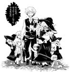  &gt;_&lt; ^_^ baby black_dress blush carrying child closed_eyes dress embarrassed family flying_sweatdrops greyscale hair_grab hat holding_hands looking_at_viewer majo_shuukai_de_aimashou monochrome multiple_boys multiple_girls original peeking_out pregnant sweat sweating_profusely takura_mahiro too_many translated witch witch_hat yawning 