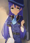  bangs bdsm blue_hair bondage bound commentary_request cuffs eyebrows_visible_through_hair hair_between_eyes handcuffs hat long_hair looking_at_viewer love_live! love_live!_school_idol_project necktie police police_hat police_uniform policewoman short_sleeves sitting skirt solo sonoda_umi tofu1601 uniform yellow_eyes 