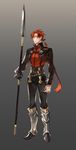  black_gloves black_pants boots brown_eyes fantasy full_body gloves gradient gradient_background greaves grey_background looking_at_viewer male_focus original pants polearm ponytail red_hair single_glove spear standing weapon zzinp 