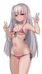  1girl armpits bangs bare_arms bare_shoulders bikini blue_eyes blush breasts breasts_apart collarbone cowboy_shot double_w eyebrows_visible_through_hair front-tie_bikini front-tie_top girls_frontline grin groin half-closed_eyes halterneck hands_up heterochromia highres legs_apart long_hair looking_at_viewer lowleg lowleg_bikini manme mdr_(girls_frontline) micro_bikini multicolored_hair navel one_side_up pink_hair purple_bikini purple_eyes side-tie_bikini sidelocks silver_hair simple_background small_breasts smile solo standing stomach streaked_hair swimsuit teeth thighs w white_background 