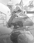  anthro better_version_at_source beverage blush book bottomless canine clothed clothing coffee embarrassed female fox fox&#039;s_sister_(kinokoningen) hair hair_over_eye hi_res human human_on_anthro interspecies japanese_text kinokoningen male male/female mammal monochrome oral public sex stealth_sex text translation_request under_table 
