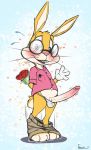  &lt;3 anthro balls blue_eyes blush bouquet braces clothed clothing cub emenius erection eyewear flower fur glasses lagomorph long_penis looking_at_viewer male mammal navel pants pants_down partially_clothed penis plant rabbit shirt simple_background solo standing sweat underwear young 
