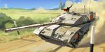  chinese commentary_request day dust ground_vehicle gun highres machine_gun military military_vehicle motor_vehicle no_humans original people's_liberation_army people's_republic_of_china_flag sima_naoteng sky tank tree type_96_tank_(ztz-96) weapon 