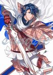  alfonse_(fire_emblem) blue_eyes blue_hair cape fire_emblem fire_emblem_heroes gloves holding holding_shield holding_sword holding_weapon kazuha_(kazuha1003) looking_at_viewer male_focus shield solo sword weapon 