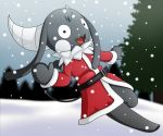  2018 :d angeltf anthro belt bibi_(o-den) black_body bottomless christmas clothed clothing costume detailed_background digital_media_(artwork) female hair_tuft happy hi_res holidays horn long_ears looking_at_viewer neck_tuft open_mouth santa_costume smile snow solo spade_tail tuft waving 