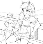  2016 abs anthro anthrofied applejack_(mlp) breasts canine clothing dog duo equine evehly female friendship_is_magic hi_res horse mammal monochrome my_little_pony navel pony shorts sketch winona_(mlp) 