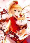  amicis_(amisic) blonde_hair bow dog fate/apocrypha fate_(series) flower green_eyes highres japanese_clothes kimono mordred_(fate) mordred_(fate)_(all) solo yukata 