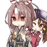  ;&gt; amano_kouki bangs blush_stickers breast_conscious brown_eyes brown_gloves brown_hair chibi closed_mouth collarbone commentary empty_eyes eyebrows_visible_through_hair fingerless_gloves gloves grey_kimono hachimaki hair_between_eyes headband high_ponytail highres jacket japanese_clothes kantai_collection kimono leaning_to_the_side light_brown_hair long_hair looking_at_viewer magatama multiple_girls muneate one_eye_closed parted_lips ponytail purple_eyes red_jacket remodel_(kantai_collection) ryuujou_(kantai_collection) shaded_face shirt simple_background single_glove star thumbs_up twintails visor_cap white_background white_shirt wide_sleeves zuihou_(kantai_collection) 