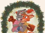  2018 anthro canine christmas clothed clothing disney female fox fur hi_res holidays judy_hopps lagomorph male mammal nick_wilde rabbit simple_background teaselbone zootopia 