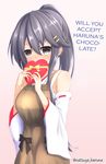  10s 1girl alternate_hairstyle apron black_hair blush box breasts chocolate chocolate_heart commentary_request detached_sleeves gift gift_box hair_ornament hairclip hard_translated haruna_(kantai_collection) heart heart-shaped_box highres holding holding_gift kantai_collection large_breasts long_hair looking_at_viewer natsuya_(pucelle) nontraditional_miko ponytail solo translated twitter_username valentine wide_sleeves 