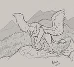  2017 animal_genitalia arthur_the_gryphon avian balls claws ears_back feathered_wings feathers feral gryphon katai looking_at_viewer male monochrome mountain nude outside sheath sketch smile spread_wings standing wings 