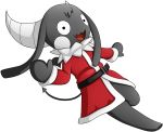  2018 :d alpha_channel angeltf anthro belt bibi_(o-den) black_body bottomless christmas clothed clothing costume digital_media_(artwork) female hair_tuft happy hi_res holidays horn long_ears looking_at_viewer neck_tuft open_mouth santa_costume simple_background smile solo spade_tail transparent_background tuft waving 