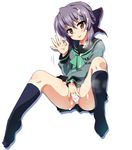  blush brown_eyes bukkake cum fingering hair_ornament hair_ribbon hiiragi_shinoa kneehighs looking_at_viewer masturbation navy_blue_legwear no_shoes ouhashi owari_no_seraph panties purple_hair ribbon school_uniform simple_background smile socks spread_legs sweat tongue underwear white_background white_panties 