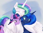  2017 blush equine eyes_closed feathered_wings feathers female feral friendship_is_magic group hair horn long_hair mammal multicolored_hair my_little_pony princess_celestia_(mlp) princess_luna_(mlp) purple_eyes sibling silfoe sisters smile twilight_sparkle_(mlp) white_feathers winged_unicorn wings 