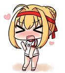  &gt;_&lt; ahoge blonde_hair blush braid buruma chibi closed_eyes commentary_request facing_viewer fate/grand_order fate_(series) full_body gym_shirt gym_uniform hair_bun hana_kazari headband heart name_tag nero_claudius_(fate) nero_claudius_(fate)_(all) nose_blush olympian_bloomers open_mouth puffy_short_sleeves puffy_sleeves red_buruma red_footwear shirt short_sleeves sidelocks socks solo standing wavy_mouth white_legwear white_shirt 