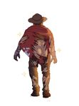  artist_request ass body_armor boots brown_hair burnt_clothes cape cowboy_hat from_behind gloves hat male_focus mccree_(overwatch) mechanical_arm overwatch short_sleeves simple_background single_glove solo star walking_away 