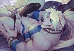  abs biceps big_penis canine cum erection fur looking_at_viewer lying male mammal muscular muscular_male nipples null-ghost pecs penis solo tattoo white_fur wolf 