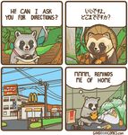  canine comic duo feral goodbearcomics humor james_lecarpentier mammal mcdonald&#039;s procyonid raccoon tanuki text translated trash 