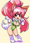  1girl animal_ears bare_legs bare_shoulders breasts cat_ears chibi curvy fangs female full_body happy highleg_leotard highres large_breasts leotard looking_at_viewer open_mouth paw_print perisie_(star_ocean) pink_hair ponytail red_eyes ryoi shiny shiny_clothes shiny_hair shiny_skin smile solo standing star_ocean star_ocean_first_departure thick_thighs thighhighs thighs thong_leotard very_long_hair 