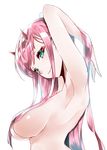  aqua_eyes arms_up bangs breasts darling_in_the_franxx eyebrows_visible_through_hair hair_over_breasts highres kagu_(a_hazy_moon) long_hair looking_at_viewer looking_to_the_side medium_breasts nude pink_hair shiny shiny_skin smile solo zero_two_(darling_in_the_franxx) 