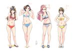  arm_behind_back barefoot bikini blue_bikini blue_bow bow bow_bikini breasts brown_hair carina_(xiaowoo) character_name cleavage earrings front-tie_bikini front-tie_top full_body goggles goggles_on_head grin groin hair_ornament hairclip hands_on_hips high_ponytail highres hips ishikawa_purin jewelry kaikan_change kishi_mieko kojiri_kasumi lineup long_hair looking_at_viewer mayu_(kaikan_change) medium_breasts multiple_girls navel necklace onna_shunin_kishi_mieko pink_hair ponytail red_bikini sandals short_hair simple_background smile standing swimsuit thigh_gap waving white_background white_bikini yellow_bikini 