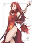  china_dress chinese_clothes dress elbow_gloves fire_emblem fire_emblem:_kakusei gloves highres holding holding_spear holding_weapon long_hair looking_at_viewer low-tied_long_hair polearm red_eyes red_hair siegzeonu smile solo spear tiamo weapon 