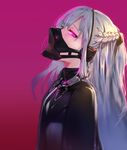  aak ak-12_(girls_frontline) braid colored_eyelashes face_mask french_braid from_side girls_frontline grey_hair hair_ribbon half-closed_eye headphones heart heart-shaped_pupils highres long_hair looking_to_the_side mask ninja_mask one_side_up pink_background pink_eyes profile respirator ribbon solo symbol-shaped_pupils tsurime upper_body very_long_hair 