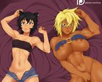  2girls abs animal_ears areola_slip bed beltbra black_hair bleach blonde_hair bottomless breasts cat_ears erect_nipples green_eyes huge_breasts kali_belladonna looking_at_viewer lying medium_breasts multiple_girls muscle muscular_female navel on_back open_clothes rwby short_hair tier_harribel toned yellow_eyes 