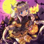  1girl bats fangs fire halloween horns kanna_kamui kobayashi-san_chi_no_maidragon moon striped striped_legwear tail trick_or_treat twintails 