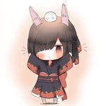  animal_ears azur_lane bad_id bad_pixiv_id black_hair black_kimono black_ribbon blush brown_eyes bunny_ears chibi closed_mouth cottontailtokki fake_animal_ears flame_print full_body hair_ornament hair_over_one_eye hair_ribbon hairclip hands_up head_tilt japanese_clothes kimono long_sleeves looking_at_viewer on_head outstretched_arms pantyhose print_kimono print_ribbon ribbon shiranui_(azur_lane) sleeves_past_wrists solo standing white_legwear wide_sleeves 