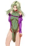  bare_shoulders breasts cecil_(wing_r) collar covered_navel dress green_dress green_eyes green_hair half_updo highres jacket lamia_loveless large_breasts long_hair pelvic_curtain solo super_robot_wars super_robot_wars_original_generation tattoo 