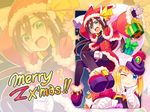 aile blonde_hair blush bodystocking bodysuit breasts brown_hair christmas commentary_request gloves green_eyes highres long_hair looking_at_viewer multiple_girls prairie robot_ears rockman rockman_zx rockman_zx_advent shigehiro_(hiroi_heya) skin_tight small_breasts smile spandex wallpaper 