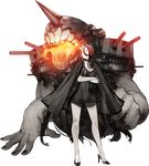  akira_(kadokawa) battleship_hime black_dress black_hair cape crossed_arms dress full_body glowing glowing_eyes high_heels horns kantai_collection long_hair official_art oni_horns red_eyes shinkaisei-kan short_dress solo tongue tongue_out transparent_background turret very_long_hair 