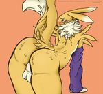 2017 anthro backsack balls big_butt black_nose blush butt canine clothing digimon edit fur gloves hi_res looking_at_viewer looking_back male mammal neck_tuft orange_background perineum presenting presenting_hindquarters raised_tail rear_view renamon simple_background solo tuft tzarvolver white_fur yellow_fur 