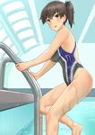  :d adapted_costume alternate_costume bare_legs bare_shoulders barefoot blush breasts brown_eyes brown_hair competition_swimsuit covered_navel hair_between_eyes highres indoors kaga_(kantai_collection) kantai_collection large_breasts looking_at_viewer one-piece_swimsuit open_mouth pool pool_ladder rei_no_pool revision short_hair side_ponytail skin_tight smile solo soushou_nin swimsuit wet 