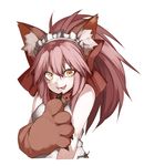  animal_ears artist_name bangs bare_shoulders bell bell_collar bow collar eiri_(eirri) eyebrows_visible_through_hair fang fang_out fate/extra fate/grand_order fate_(series) fox_ears gloves hair_between_eyes hair_bow high_ponytail jingle_bell long_hair looking_at_viewer maid_headdress parted_lips paw_gloves paws pink_hair ponytail red_bow red_collar shirt signature simple_background sleeveless sleeveless_shirt solo tamamo_(fate)_(all) tamamo_cat_(fate) tongue tongue_out white_background white_shirt yellow_eyes 
