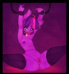  anthro anthrofied areola arms_above_head bdsm bell breasts chain clitoris clothing collar equine female friendship_is_magic fur gaping gaping_pussy hair hi_res horn legwear looking_at_viewer mammal multicolored_hair my_little_pony nipples nude purple_background purple_eyes purple_fur purple_hair pussy puuzo shackles simple_background solo spread_legs spreading stockings twilight_sparkle_(mlp) two_tone_hair unicorn 