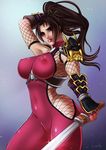  2018 bodysuit bracer breasts brown_hair downscaled headpiece highres large_breasts luminyu md5_mismatch ninja pauldrons pinup ponytail resized soul_calibur sword taki_(soulcalibur) weapon 