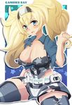 absurdres black_bra blonde_hair blue_background blue_eyes bra breast_pocket breasts character_name cleavage commentary covered_nipples cowboy_shot gambier_bay_(kantai_collection) hair_between_eyes highres kantai_collection large_breasts long_hair pocket print_bra psidubs shorts sitting solo star star_print starry_background torn_clothes twintails underwear white_shorts 