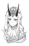  artist_name bare_shoulders breasts closed_mouth collarbone eiri_(eirri) facial_mark fate/grand_order fate_(series) greyscale horns ibaraki_douji_(fate/grand_order) long_hair looking_at_viewer medium_breasts monochrome off_shoulder oni oni_horns pointy_ears sidelocks signature solo tattoo v-shaped_eyebrows 