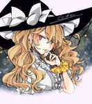  bangs blonde_hair bow earrings eyebrows_visible_through_hair hat hat_bow jewelry kirisame_marisa long_hair looking_at_viewer parted_lips scrunchie short_sleeves signature solo souta_(karasu_no_ouchi) star starry_background touhou upper_body white_bow witch_hat wrist_scrunchie yellow_eyes yellow_scrunchie 